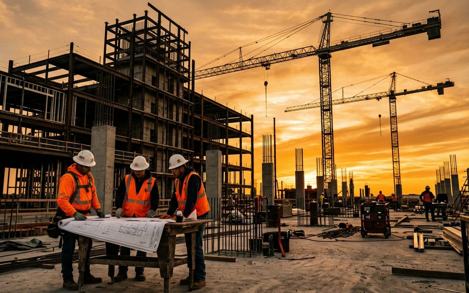 Construction crew reviewing blueprints on a Florida job site at golden hour, with tower cranes and a building frame against an orange sunset sky.
